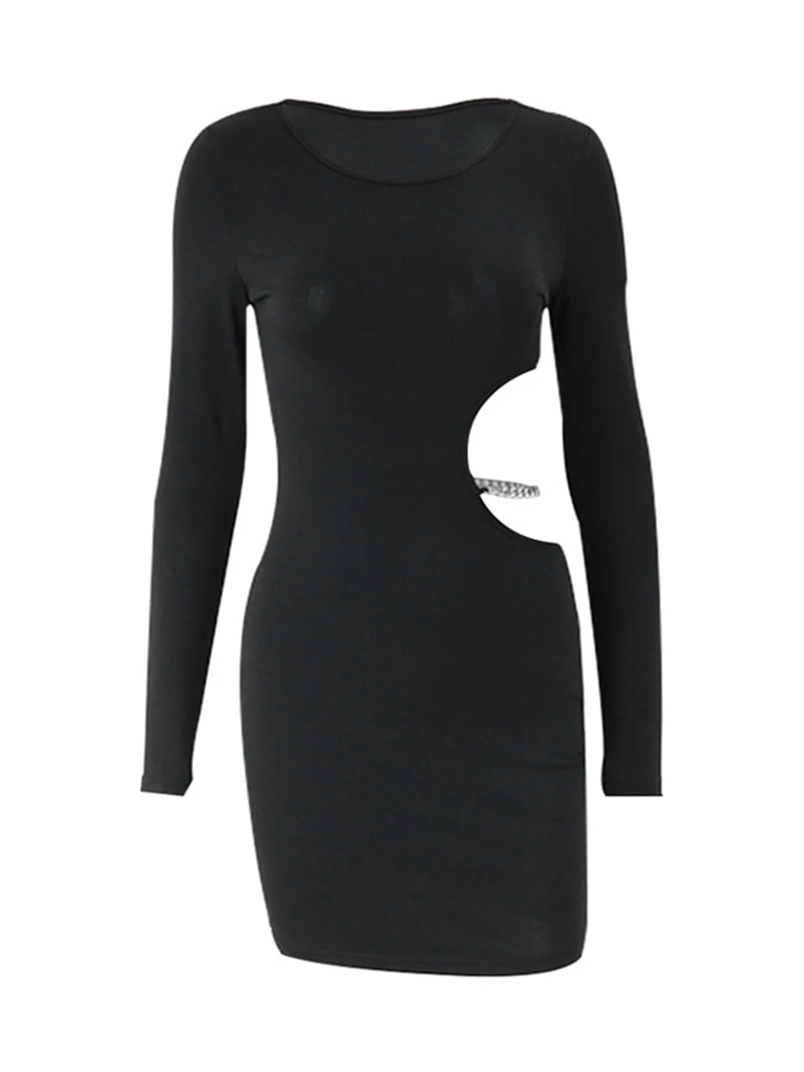 

Women Bodycon Dress Long Sleeve Crew Neck Hollowed Chained Slim Fit Dress for Cocktail Party