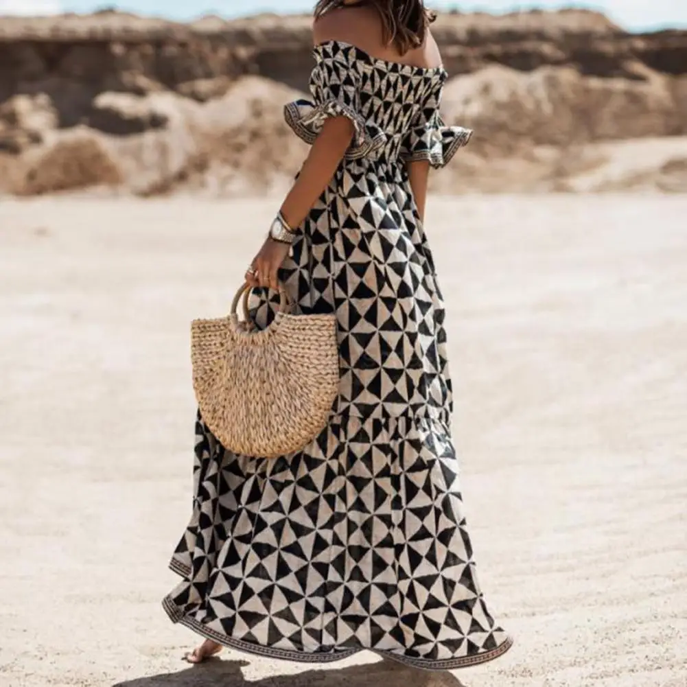 

Ankle Length Comfy Geometric Print Off Shoulder Casual Beach Dress Sundress