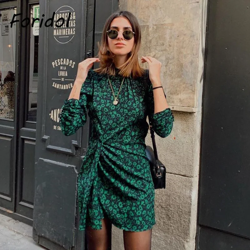 

Foridol Daisy Print Ruched Winter Dress Women Elegant Long Sleeve Turtleneck Ruffle Autumn Green Dress Chic Vintage Short Dress