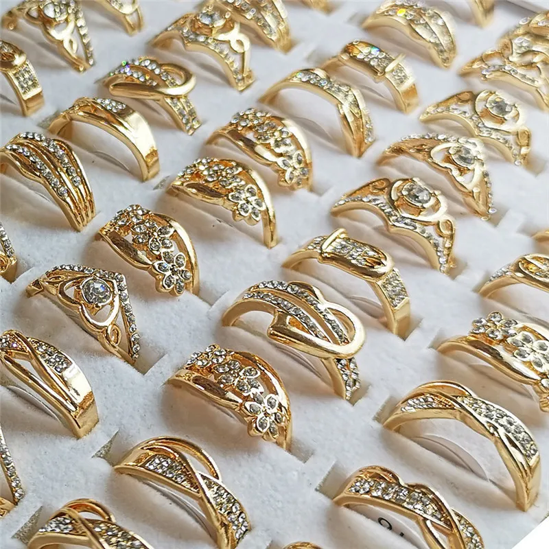 

50Pcs Wholesale Lots Bulk Fashion Mixed Shiny Crystal Rings Jewelry Golden Color Finger Rings for Women Girls