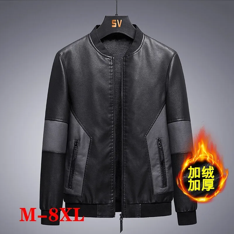 

8xl Plush men's leather jacket men's coat contrast leather jacket youth fat plus oversized jacket Plus size 5XL 6XL 7XL oversize