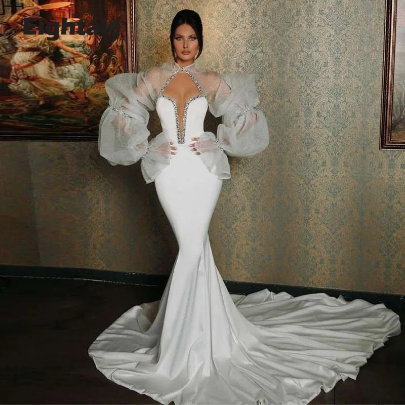 

Eightale Arabic Evening Dresses Sweetheart Long Puff Sleeve Mermaid Prom Gown Beaded White Wedding Party Dress 2022 Custom Made