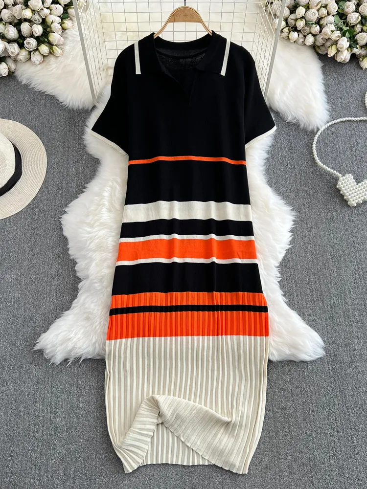 

2023 Women Vintage Knitting Dresses Stripes Contrast Color Short Sleeve Summer Vestidos Loose Korean Fashion Long Dress