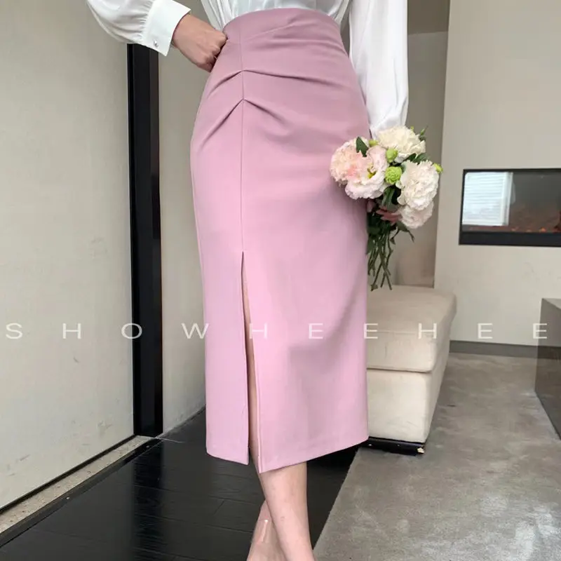 

Женская юбка-карандаш с высокой талией, однотонная облегающая повседневная юбка с разрезом, модель H80 на лето, 2022