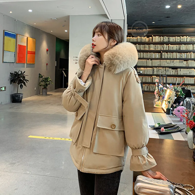 2022 Winter New Women Hooded Parka Down Jacket Design Sense Large Pocket Plus Velvet Warm Large Fur Collar Solid Color Coats