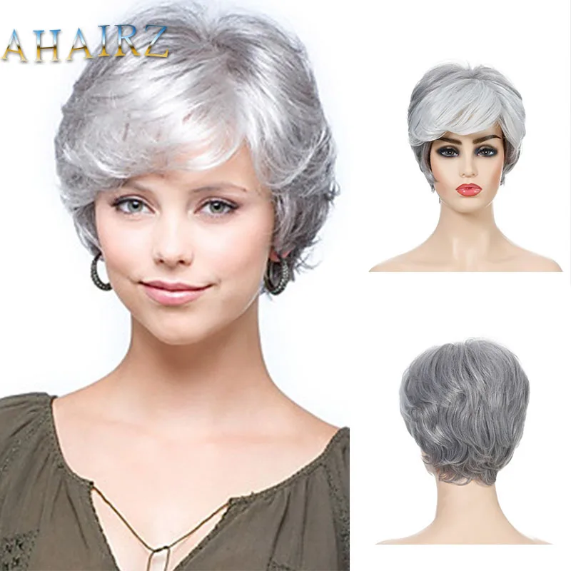 

Synthetic Silver White Curly Wigs with Bangs for Women Short Wig Natural Hairstyle Ombre Hair High Quality Wigs