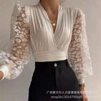 blouse tops for women casual solid color slim fit pleated blouse fashion sexy lantern sleeve lace mesh see through v neck shirt