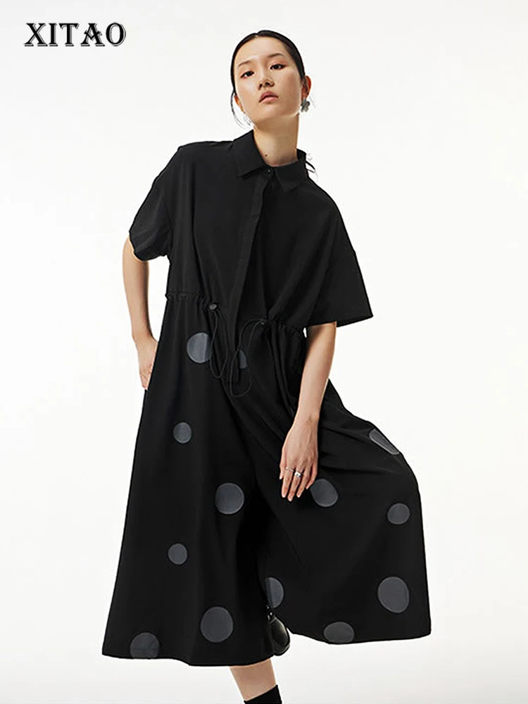 

XITAO Loose Fashion Large Size Jumpsuits Black Dot Print Women Casual Draw String Bandage Turn-down Collar Spring New LDD1013