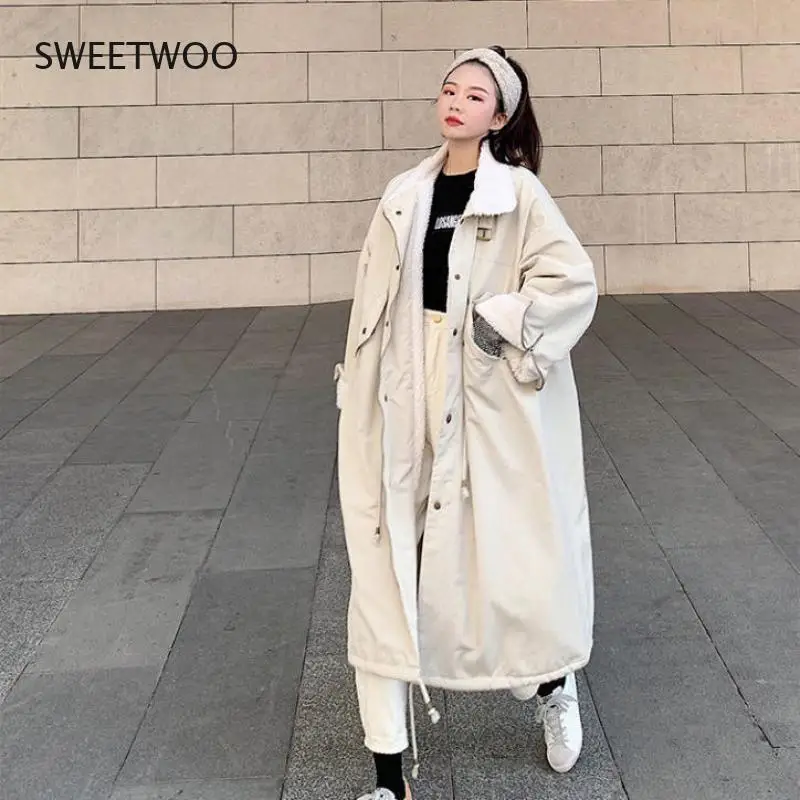 Women Winter Lamb Wool Coat Fur Collar Long-Sleeved Long Section Over The Knee Loose Casual Solid Color Fashion Coat Slim Tide