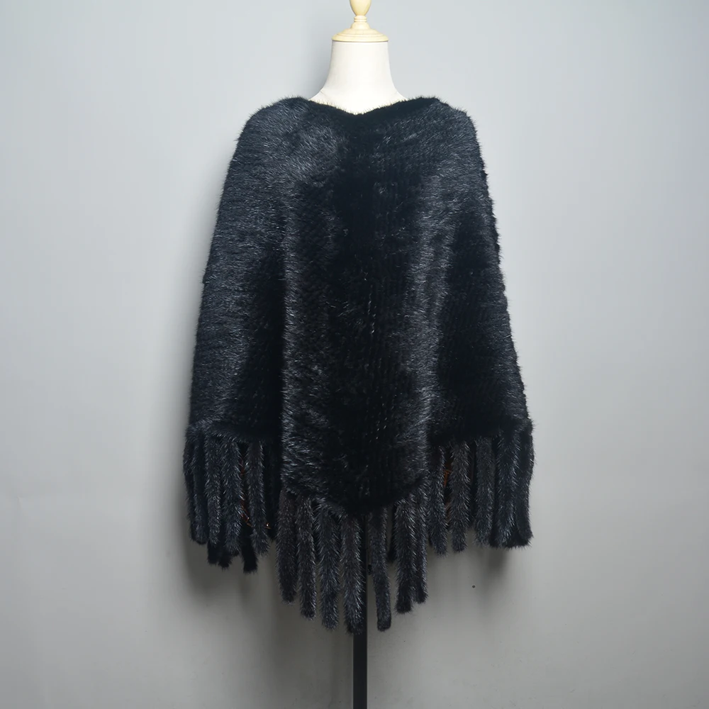 Женское меховое пончо зимние черные/коричневые вязаные шарфы из натурального