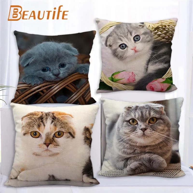 

Custom Scottish Fold Pillowcase Cartoon Girl Wedding Decorative Cotton Linen Pillow Case For Home Pillow Cover 45X45cm One Side