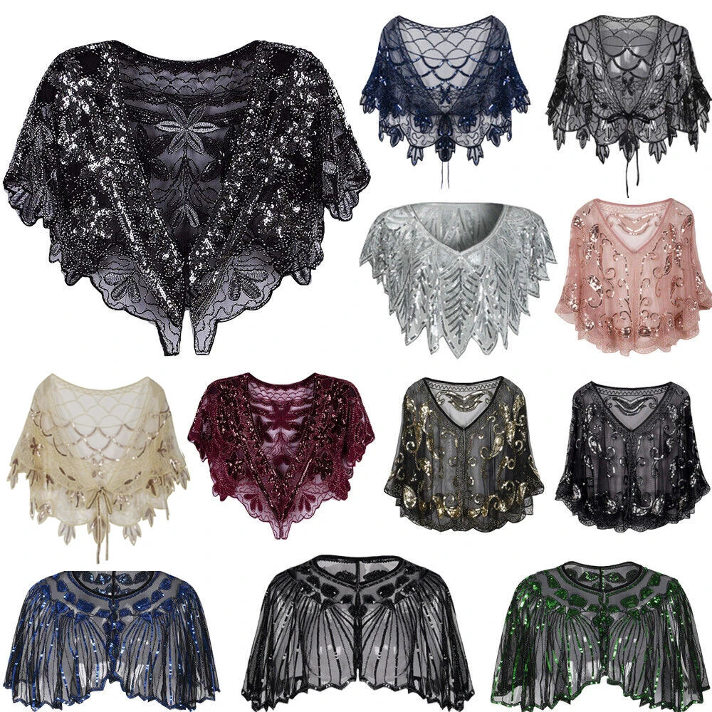 

Vintage 1920S Flapper Shawl Sequin Beaded Short Cape Women Evening Wrap Poncho Shrug Gatsby Party Mesh Bolero Cover Up Scarf Top