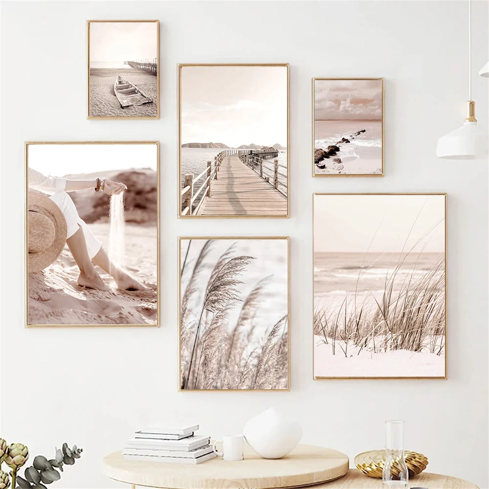 

Beach Wave Grass Art Poster Bridge Sand Hand Painting Reed Landscape Canvas Print Nordic Wall Art Pictures Living Room Decor