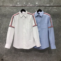 tb thom men%e2%80%98s shirt spring autumn fashion brand clothes ribbon shoulder vertical stripe cotton oxford casual wholesale tb shirts
