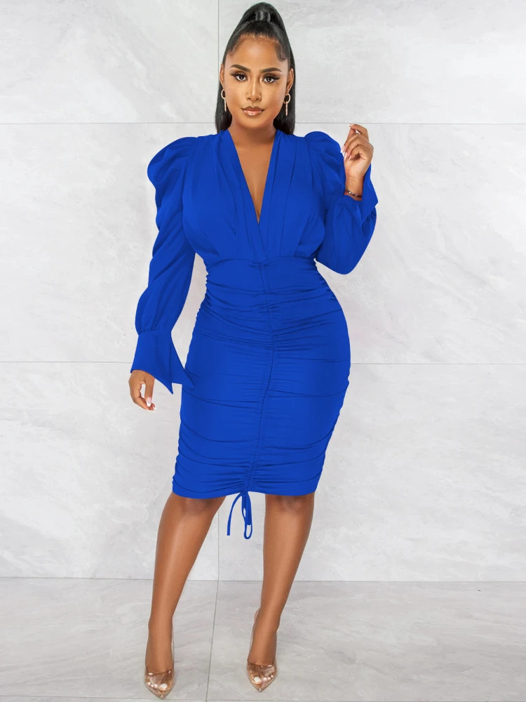 Fashion casual solid color long sleeve pleated V-neck dress female plus size women clothing dress