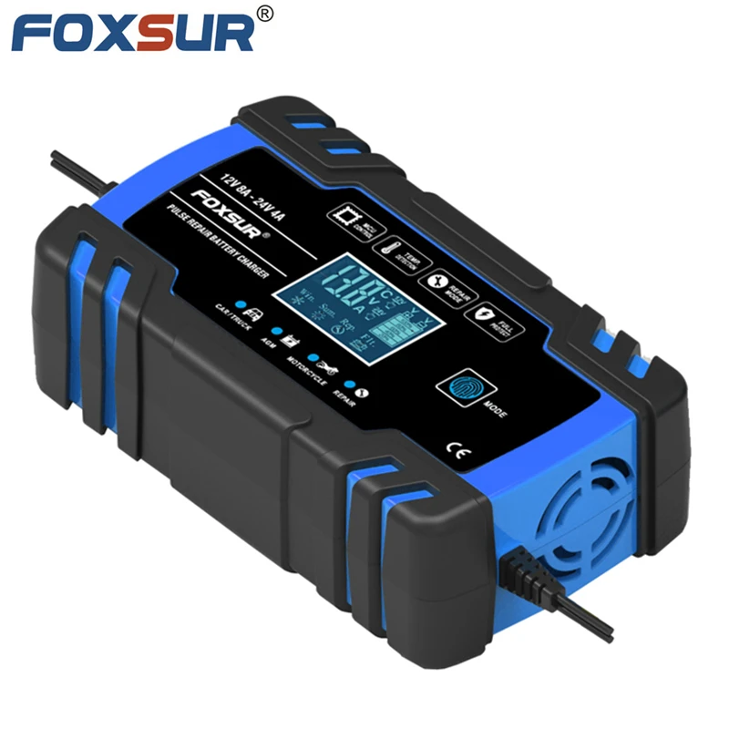 

Автоматическое автомобильное зарядное устройство FOXSUR, 3-ступенчатое зарядное устройство с ЖК-дисплеем, быстрая зарядка от 100-240 В до 12 В, 24 В, 8 А, автомобильное зарядное устройство для аккумулятора мотоцикла