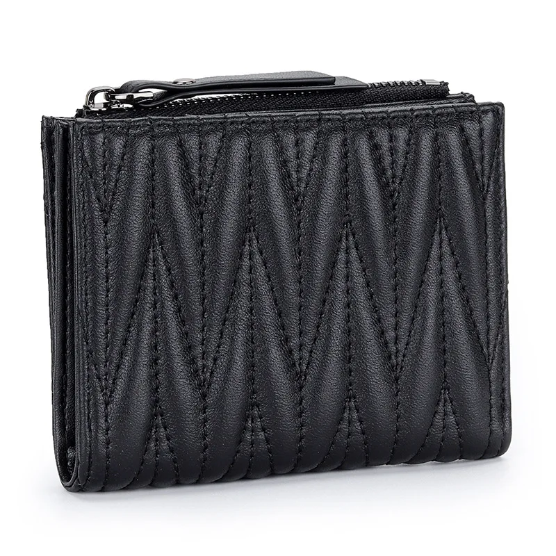 URBAN MASTER Sheepskin Pleated Wallet for Women Fashion Embroidered Genuine Leather Short Female Zipper Coin Purses Card Holder