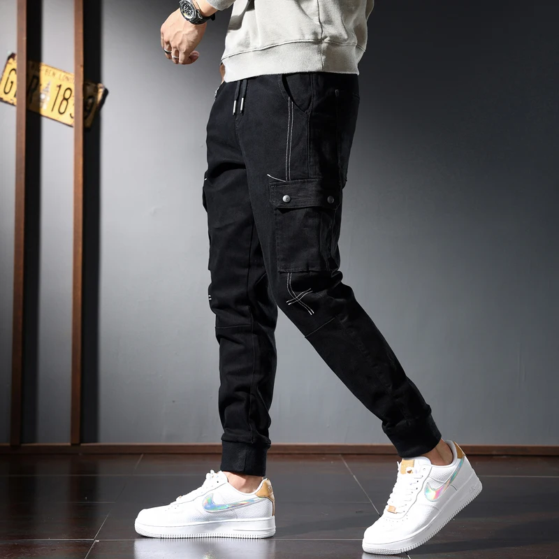 Autumn Black Cargo Pants Jeans Men Streetwear Casual Cotton Slim Fit Elastic Waist Drawstring Trousers CP2083