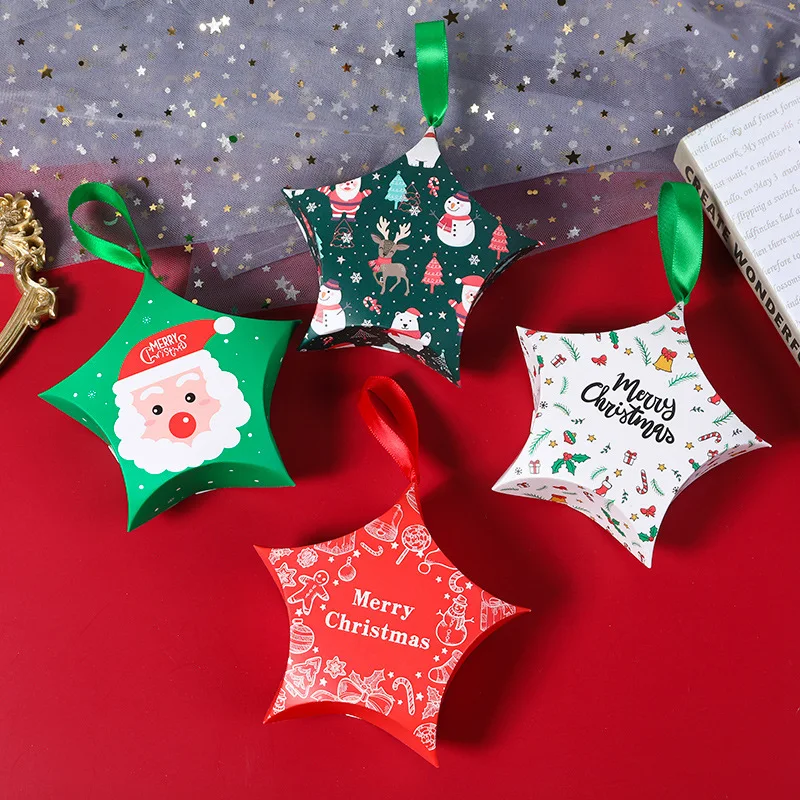 

(50 pieces/lot) Christmas Decoration Star Shape Cookie Box Santa Snowman Red Candy Boxes New Year Party Decor Kids Gift B012