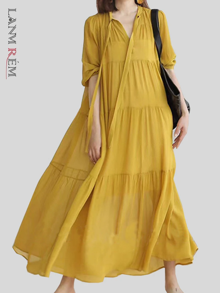 

LANMREM Loose Dress For Women Round Neck Three Quarter Sleeve Loose Mid-calf Dresses Female Fashion 2022 Autumn Summer 2N422