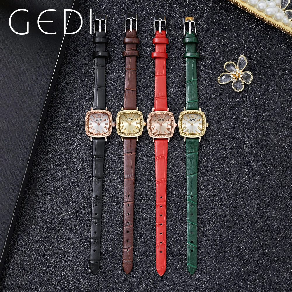 GEDI Retro Small Watch for Women Luxury Brand Leather Strap Roman Dial Waterproof Ultra-thin Ladies Watches Vintage Female Clock