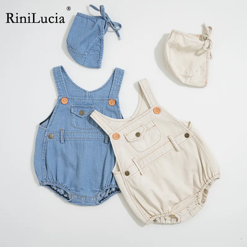 RiniLucia Summer Infant Baby Boys Girls Romper Bottons Sleeveless Newborn Denim Rompers Fashion Baby Clothing