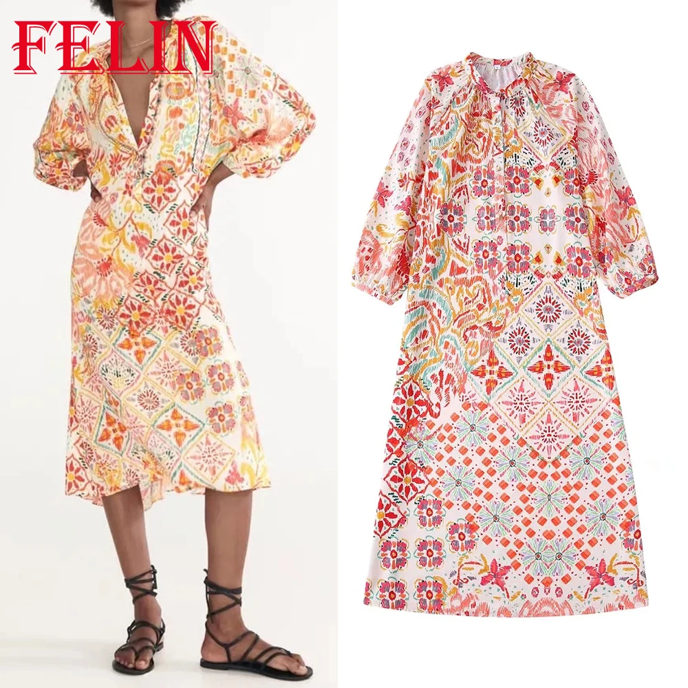 

Vintage Geometric Print Loose Long Dress Women V Neck Long Sleeve Straight Dress Female Fashion 2022 Boho Holiday Dress