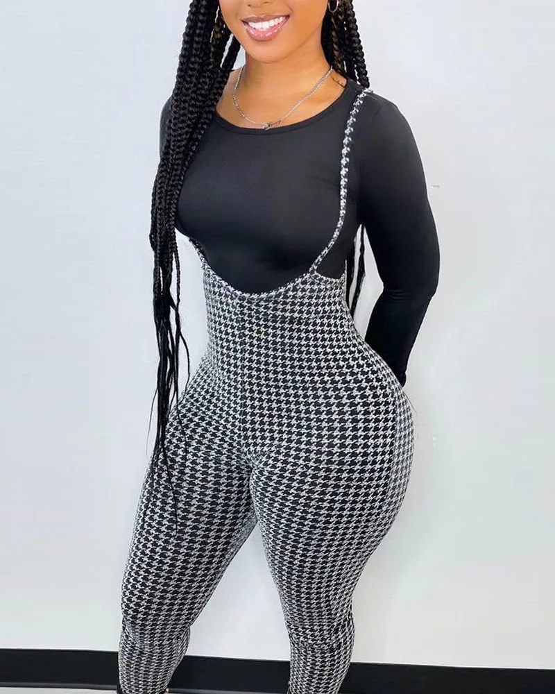 

2021 Women Fashion Knitted Skinny Jumpsuit Casual Autumn Thousand Bird Lattice Suspender Jumpsuits