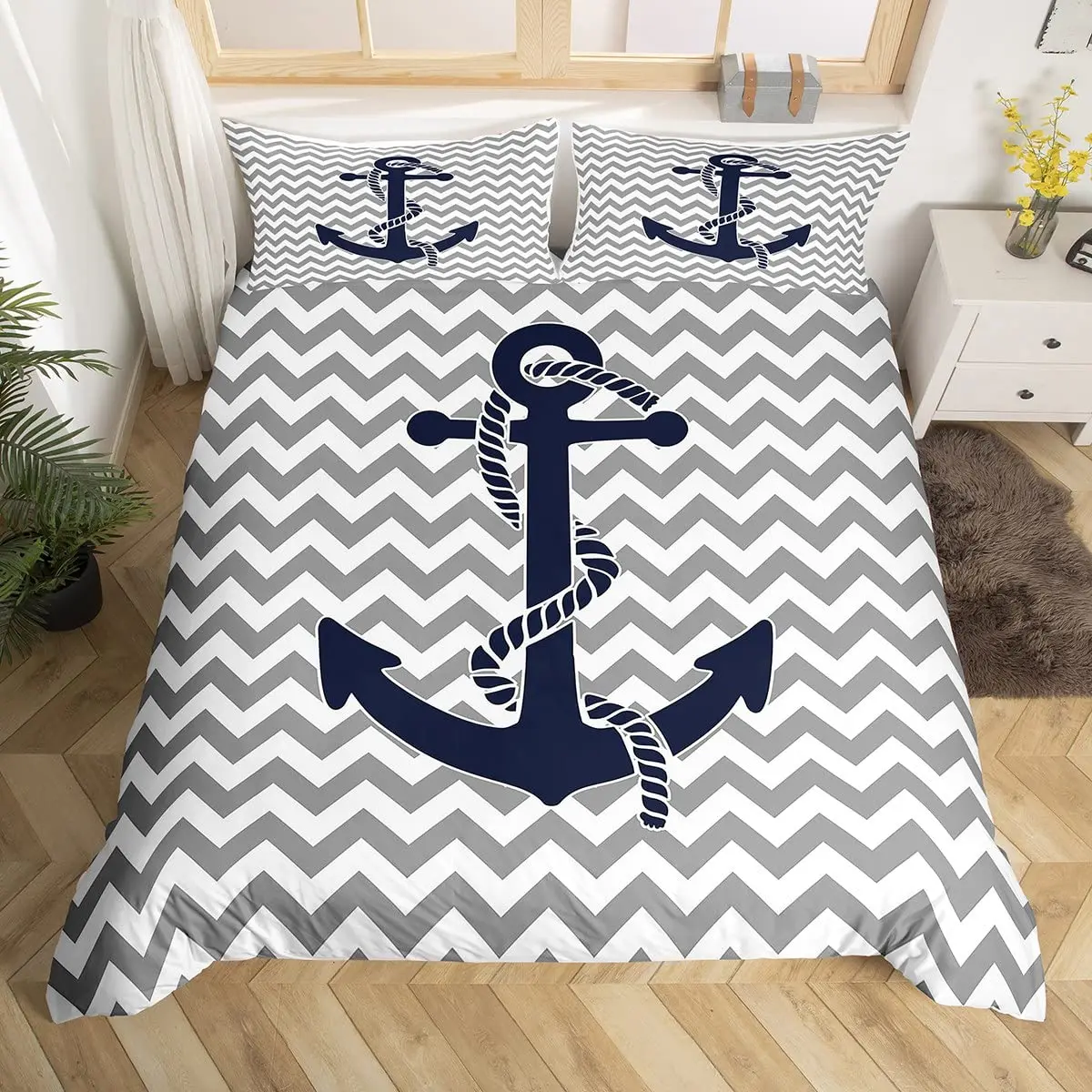 

Nautical Bedding Set Ocean Anchor Decor Duvet Cover Sailor Pirate Captain Sea Adventure Bedspread Cover for Kids Boys Navy Blue