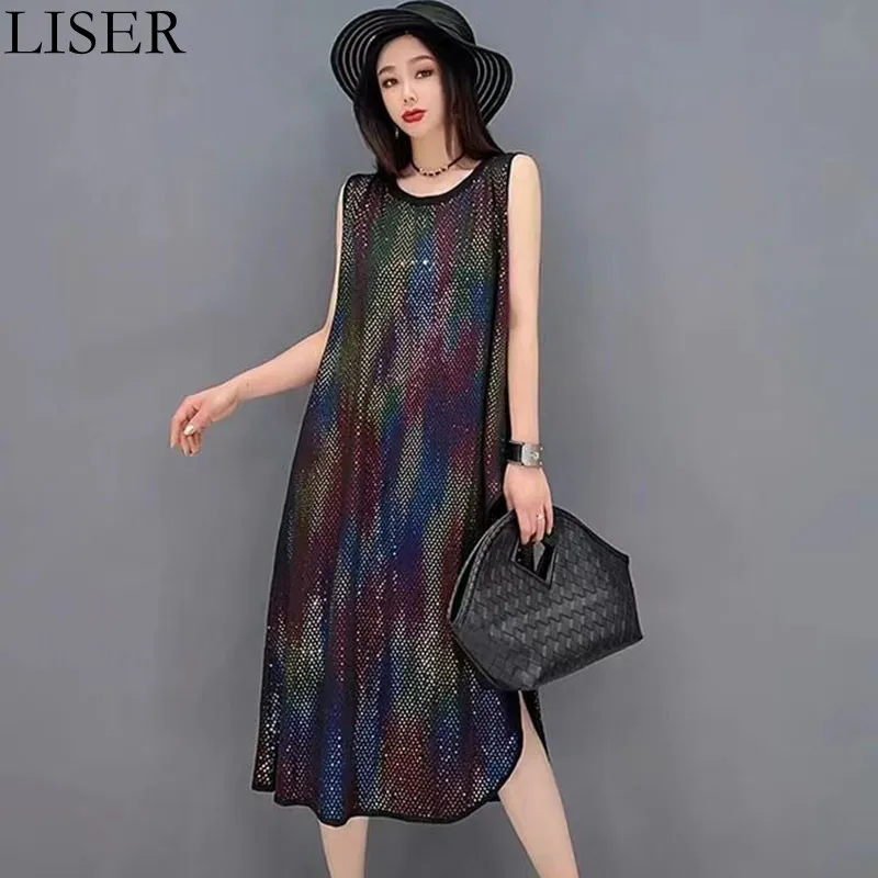 

LISER 2022 New Women'S Sequin Casual Dress Summer Round Neck Sleeveless Loose Dress Fashion Personality Street Style LL1225