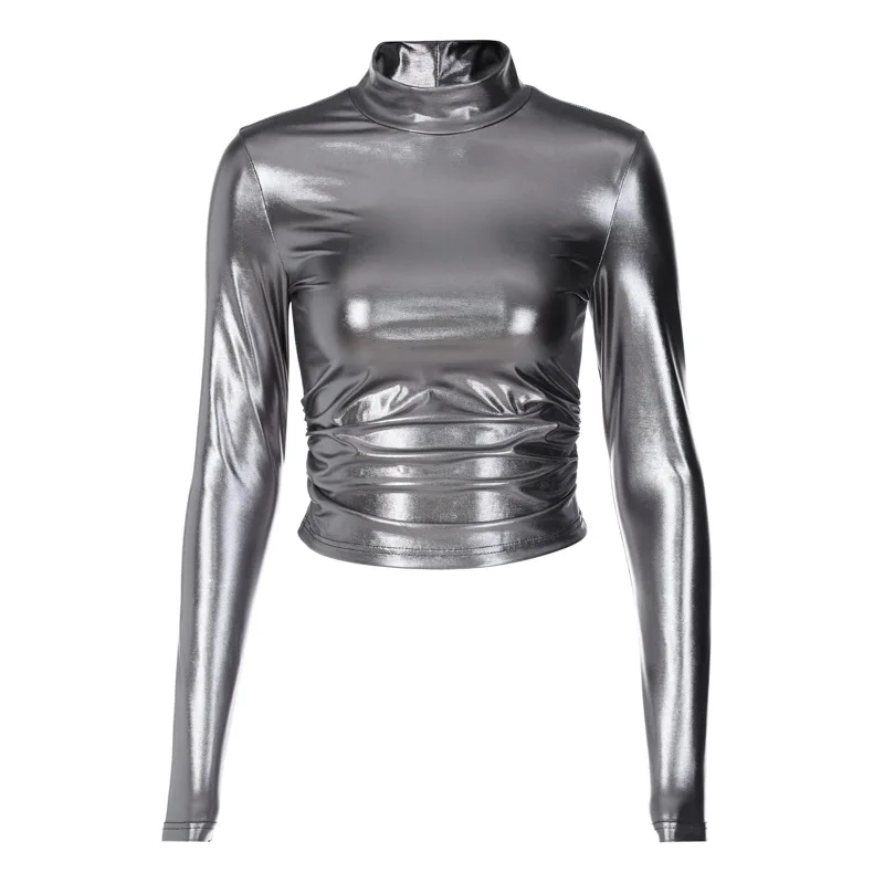 

New Metallic Street Fashionistas Half High-Necked Long-Sleeved Tight t-Shirt Europe and the United States Ins Style Women