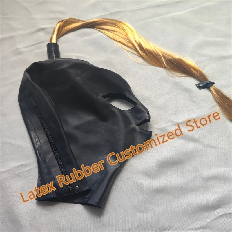 Женское нижнее белье латексный капюшон резиновая маска с париком хвостиком