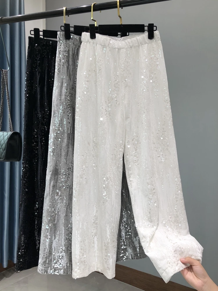 

2022 New Spring Autumn Embroidery Sequins Elastic High Waist Straight Pants Blingbling Loose Wide Leg Floor-length Long Trousers