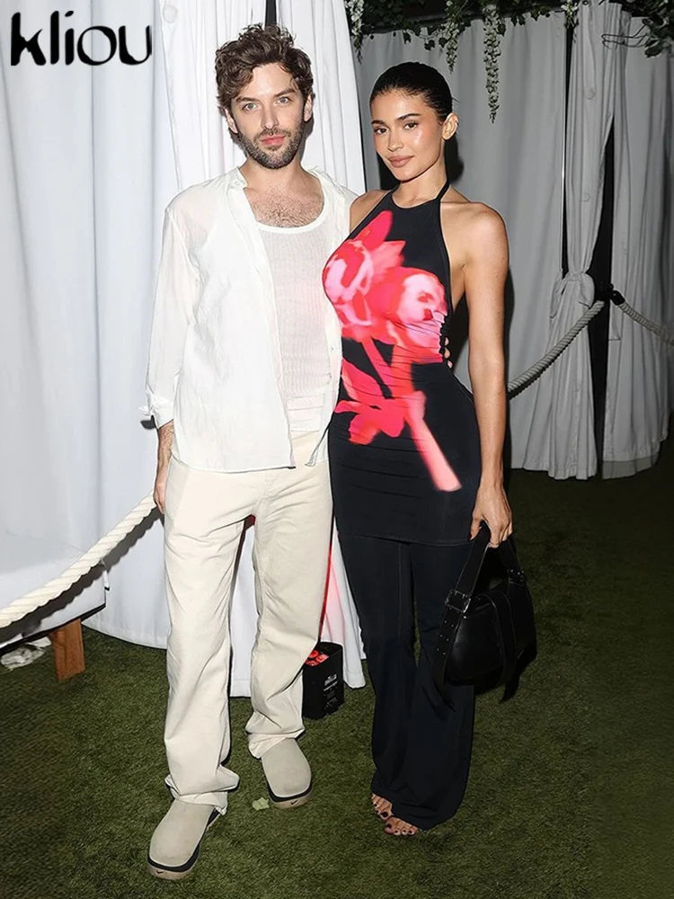 Kliou женское платье с принтом в панелях летнее хипстерское лямкой на шее и