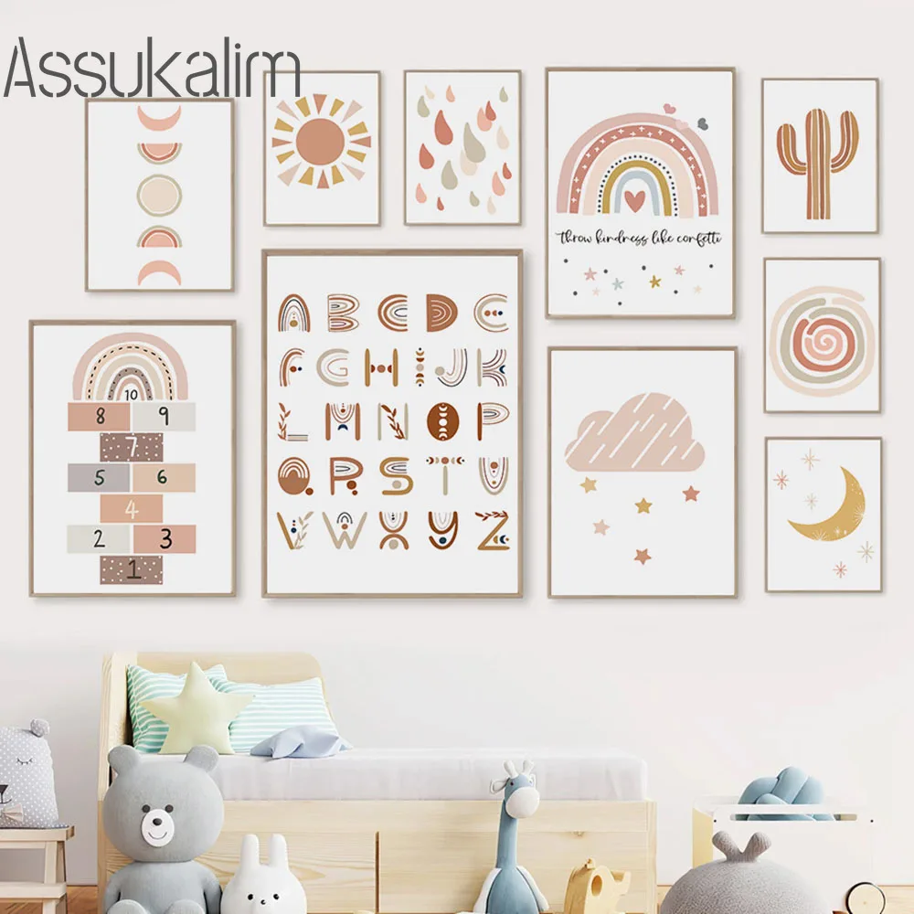 

Cartoon Abstract Poster Rainbow Canvas Painting ABC 123 Wall Art Picture Moon Sun Posters Baby Room Decoration Nursery Decor