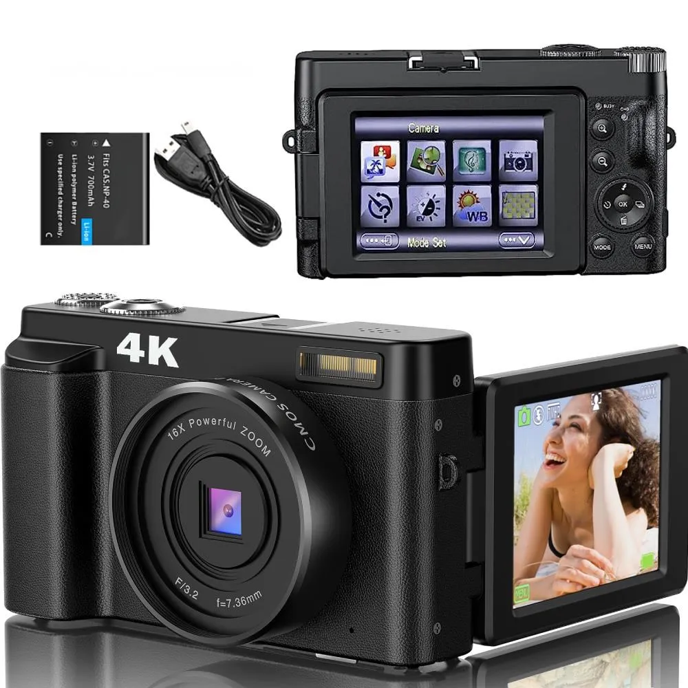 

Цифровая камера 4K для фотосъемки и видео, автофокус, стабилизация 48 МП, компактная видеокамера, 3 дюйма, 180 °, флип-экран со вспышкой