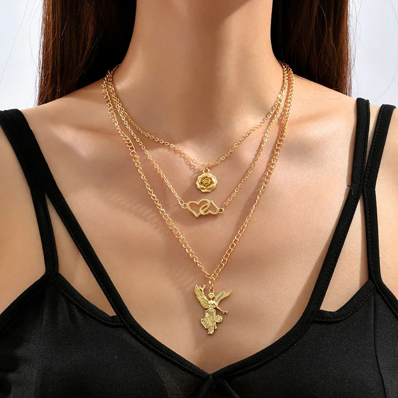 

European and American Fashion Multi-Layer Flower Love Necklace Ins Creative Personality Geometry Angel Pendant Jewelry