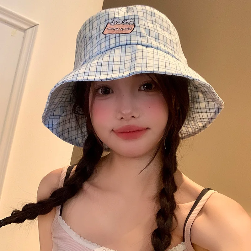 Синие панамы в клетку с милым щенком и вышивкой для женщин весенне-летние