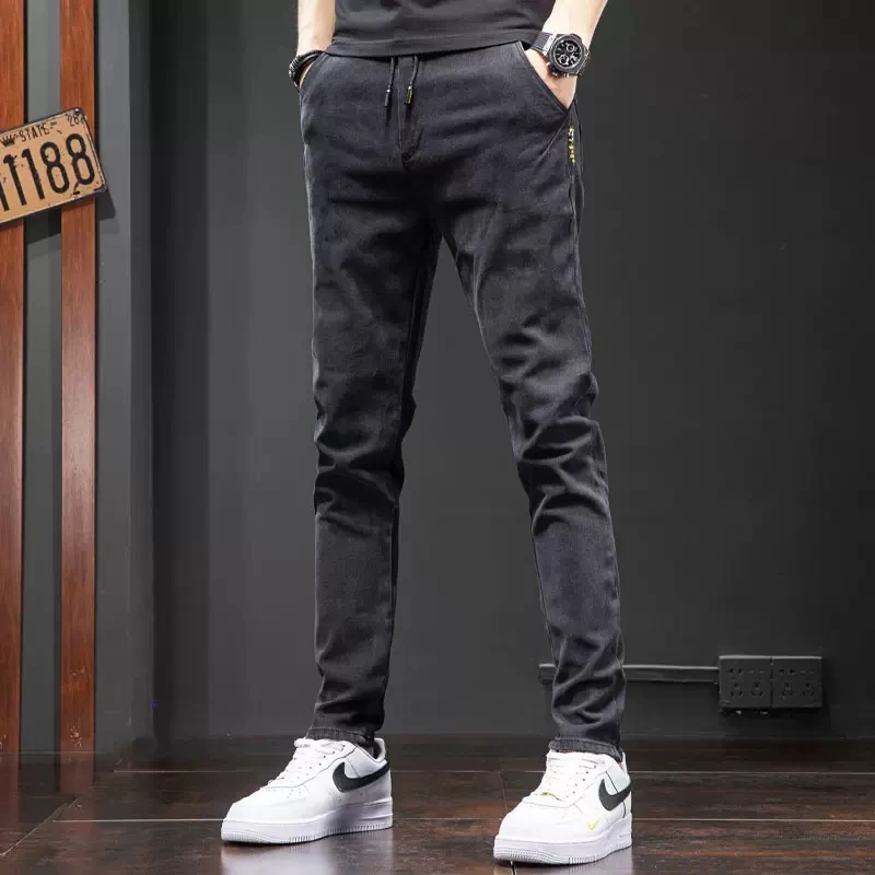 Men's Elastic Waist Black Jeans Casual Slim Fit Pencil Pants Fashion Korean Style Drawstring Denim Trousers CP2181