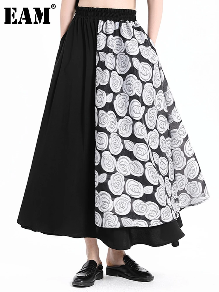 

[EAM] High Elastic Waist White Flower Spliced Long Casual Half-body Skirt Women Fashion Tide New Spring Autumn 2022 1DE6809