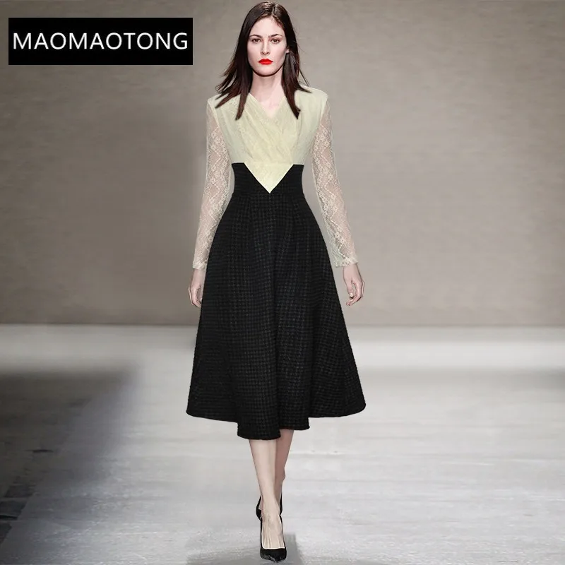 

Fashion Designer Commute dress Spring Summer Women's V neck Long sleeves Lace Patchwork Jacquard Dresses