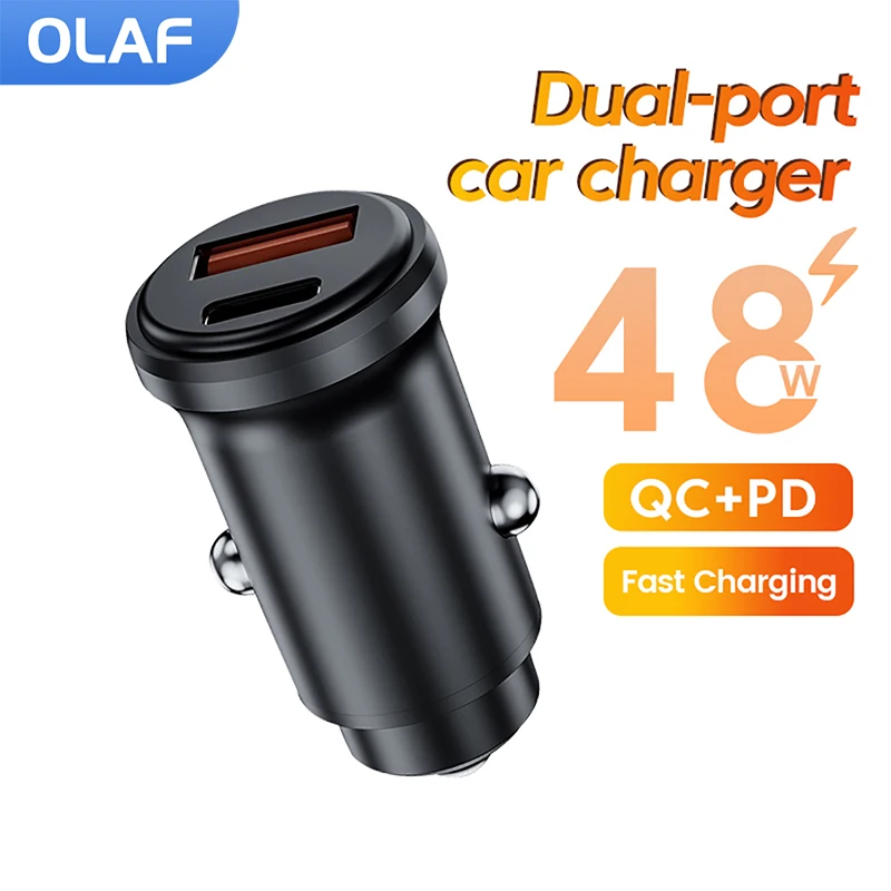 

Olaf 48W Mini Car Charger Fast Charging 2 Ports PD Type C QC3.0 USB C Car Phone Charger Adapter For iPhone Xiaomi Samsung Huawei