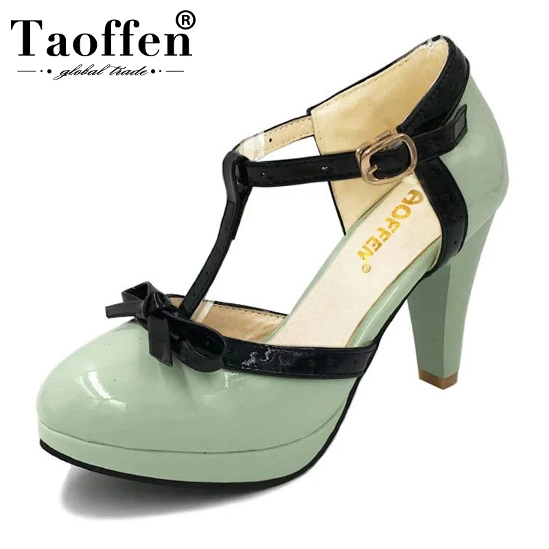 

TAOFFEN Size 32-48 Women High Heel Sandals Round Toe Heels Shoes Women's Platform Sandals Black bow Wedding Party Lady Footwears