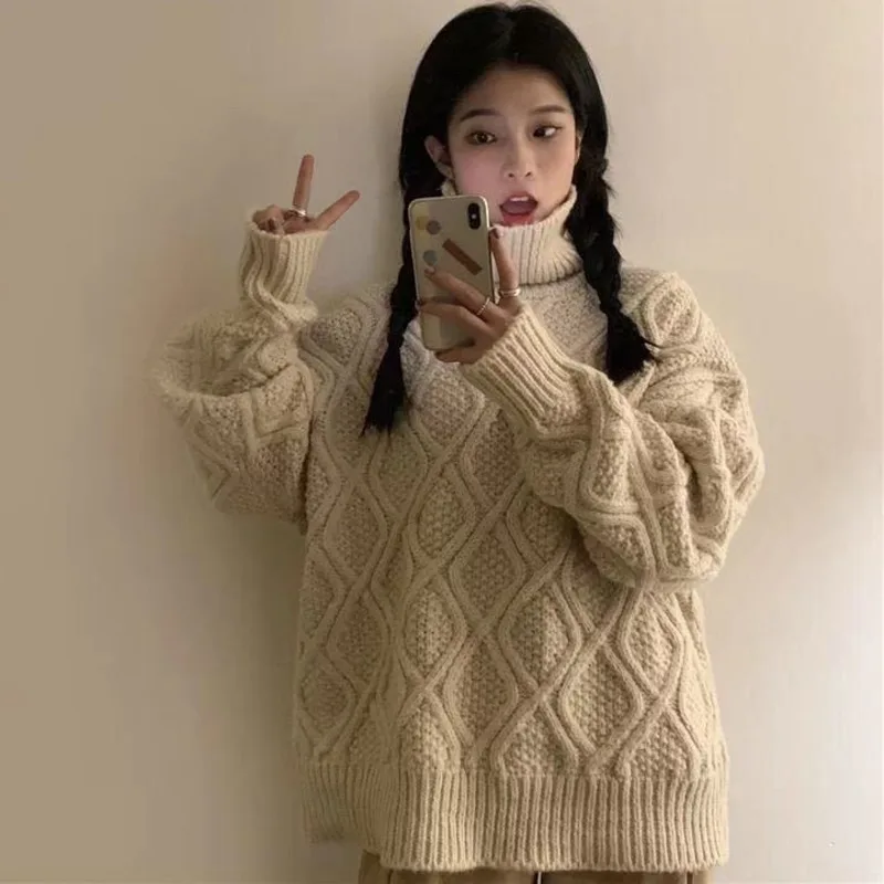 

Fashion Women's Turtleneck Sweater Autumn Knitted Solid Pullover Solid Chic Loose Basic Casual Long Sleeve Top New 2022