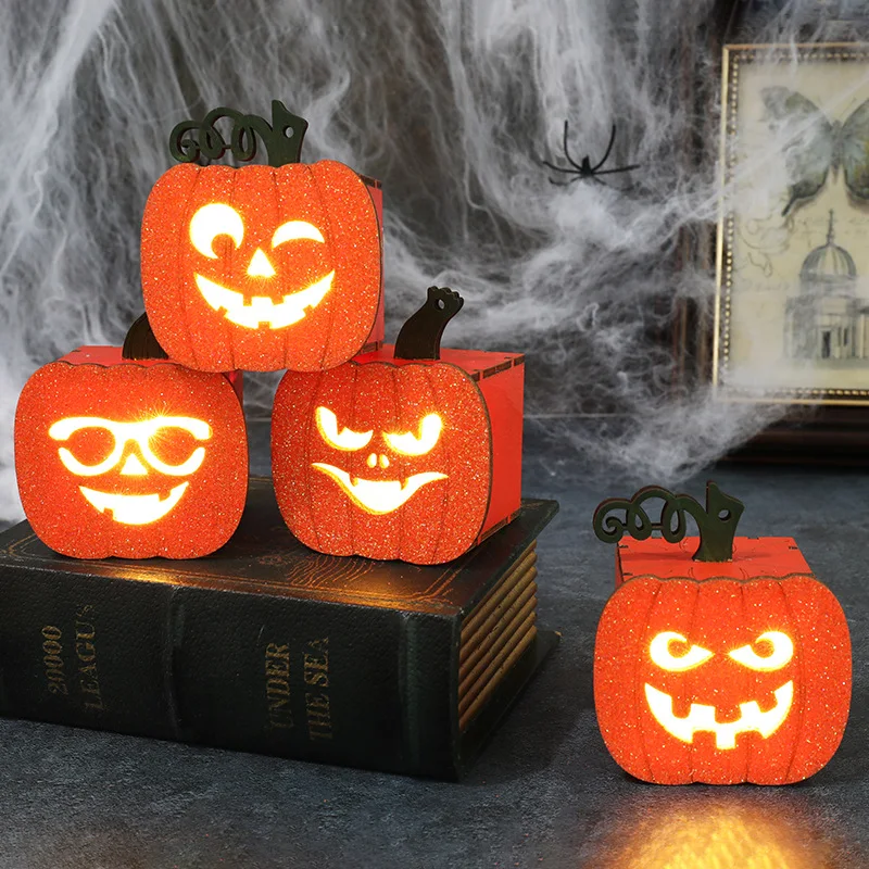 

2023 Halloween Lights LED Glowing Jack-o-lantern Ghost Face Halloween Decorations Wooden Ornaments Children's New Year's Gifts