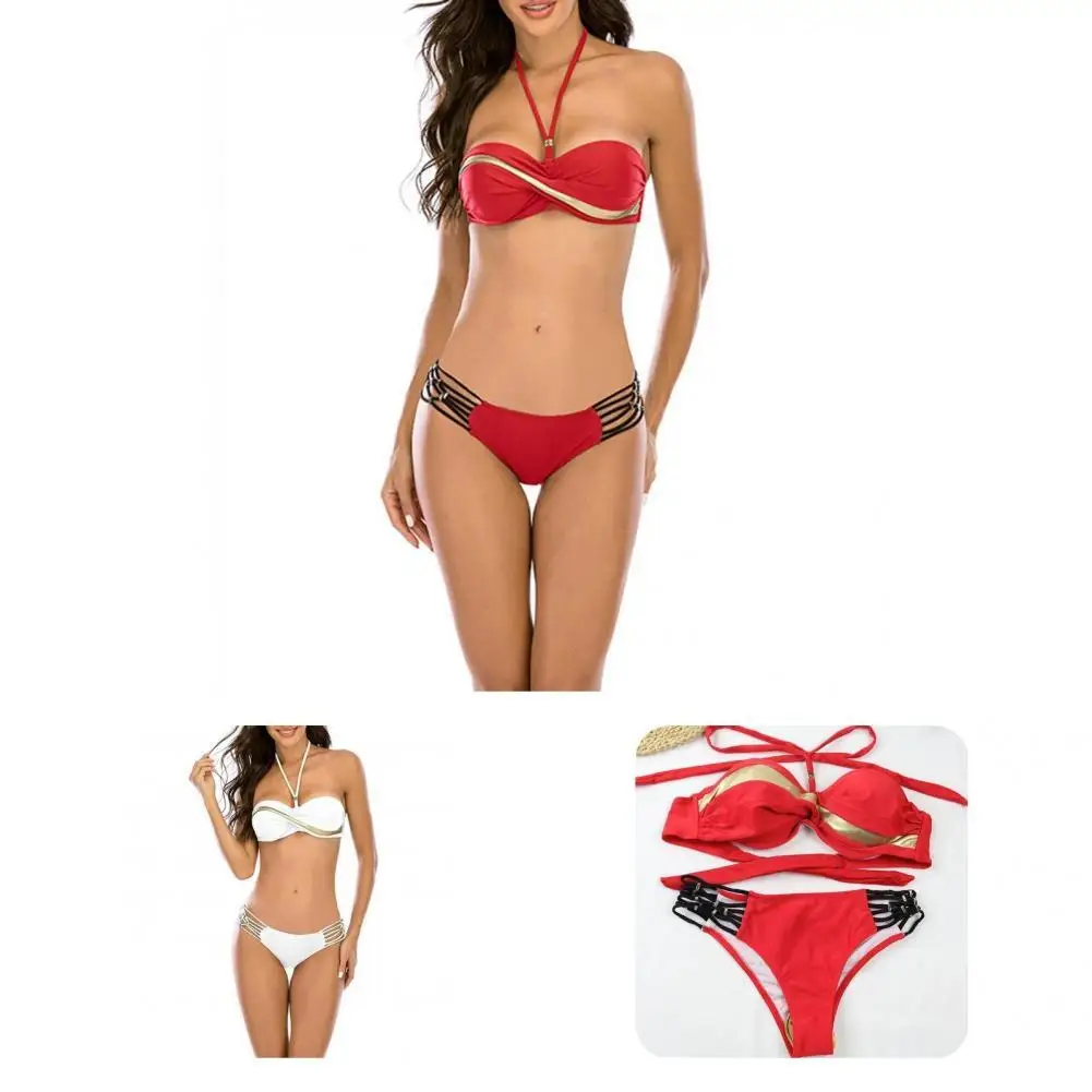

2 Pcs/Set Trendy Women Swimsuit Patchwork Lightweight Bathers Wear-resistant Women Swimsuit