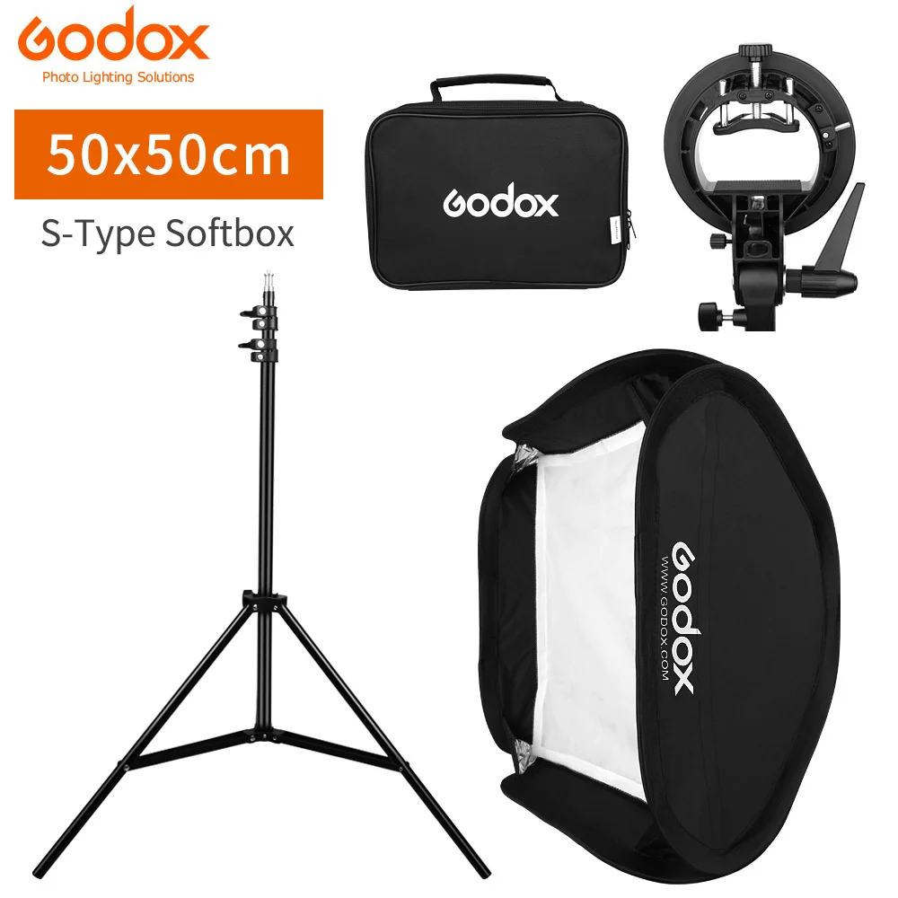 

Godox 50x50cm 20x20inch Flash Speedlite Softbox + S type Bracket Bowens Mount Kit with 2m Light Stand for Camera Photography