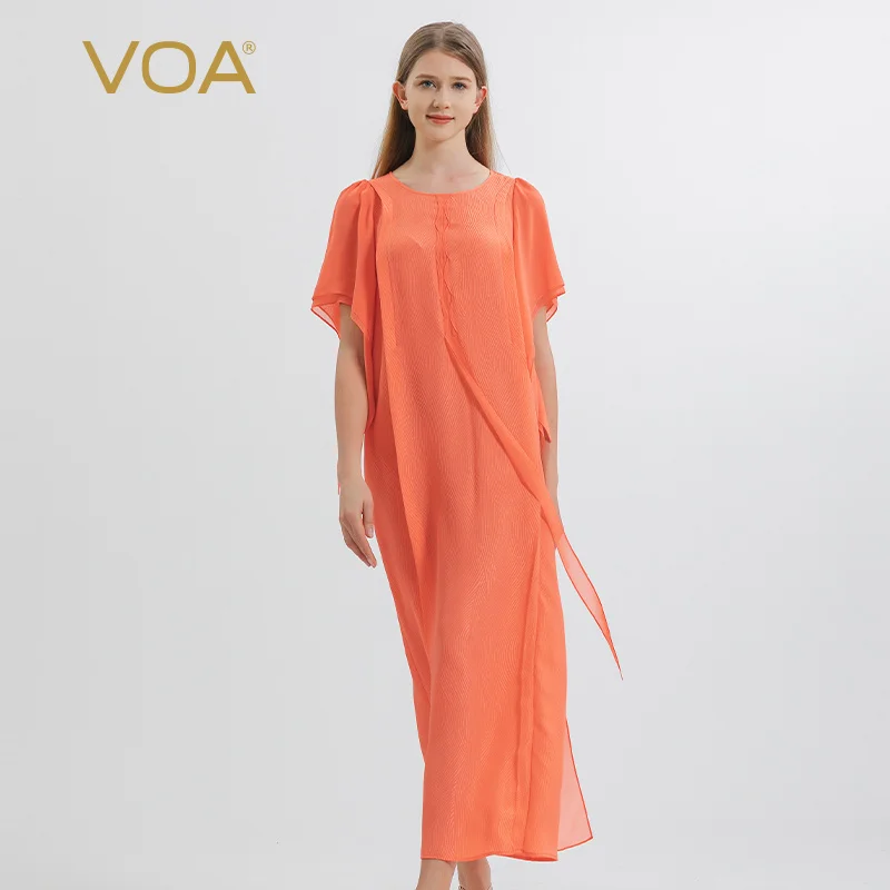 

VOA Jacquard Crown Le Crepe Mulberry Silk Orange Crew Neck Dresses Women Paneled Georgette Silk Ribbon Silk Woman Dress AE1516
