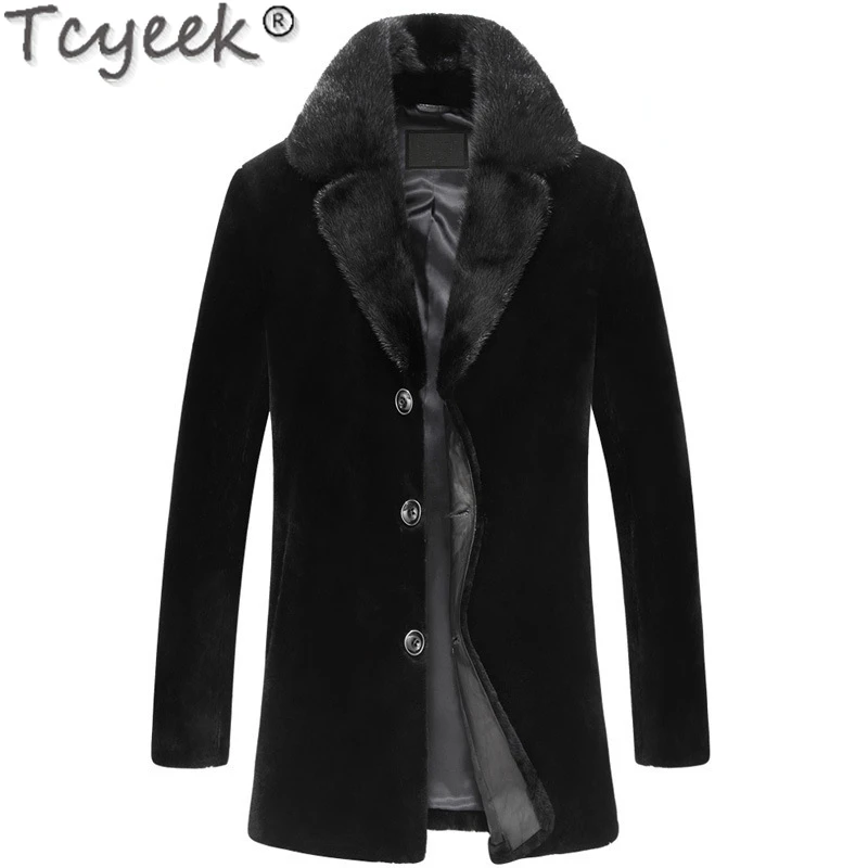 

Tcyeek Winter New Fur Coat Men's Wool Fur Mink Fur Collar Coat Sheep Shearling Coat Mid-length Genuine Leather Windbreaker FCY