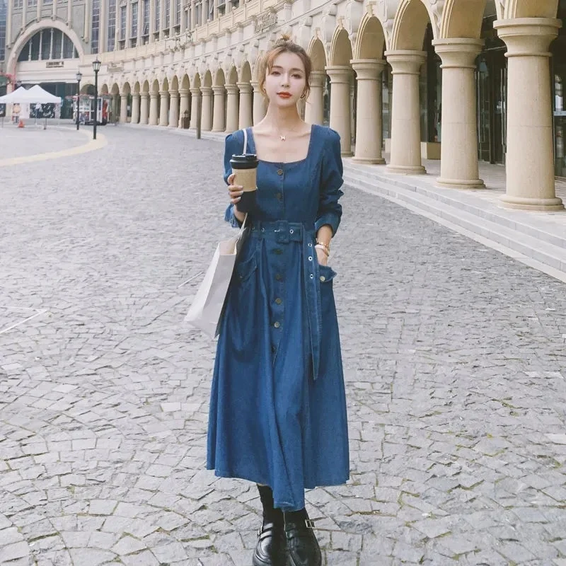 

Vintage Autumn Women Denim Dresses Square Collar Casual Long Sleeve A-line Maxi Dress Blue Vestidos De Mujer Robe Femme Sukienka